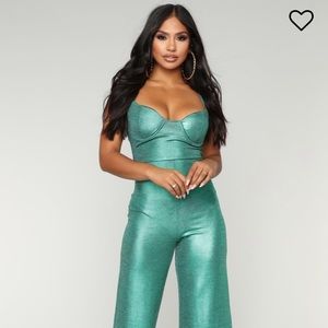 Fashion Nova XS Green Metallic Jumpsuit